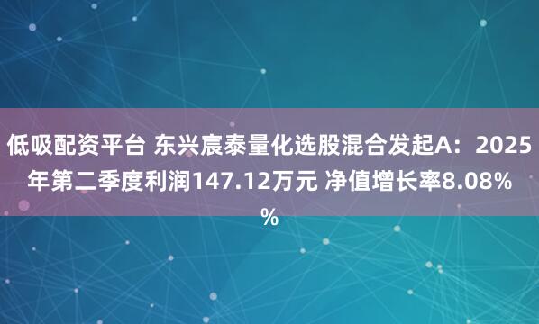 低吸配资平台 东兴宸泰量化选股混合发起A：2025年第二季度利润147.12万元 净值增长率8.08%